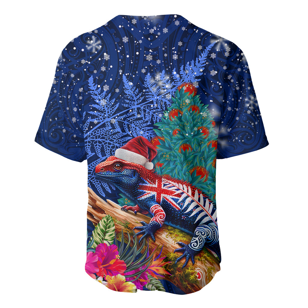 New Zealand Tuatara Christmas Baseball Jersey Silver Fern and Xmas Pohutukawa Tree Blue Color LT03 - Polynesian Pride