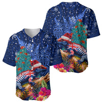 New Zealand Tuatara Christmas Baseball Jersey Silver Fern and Xmas Pohutukawa Tree Blue Color LT03 - Polynesian Pride