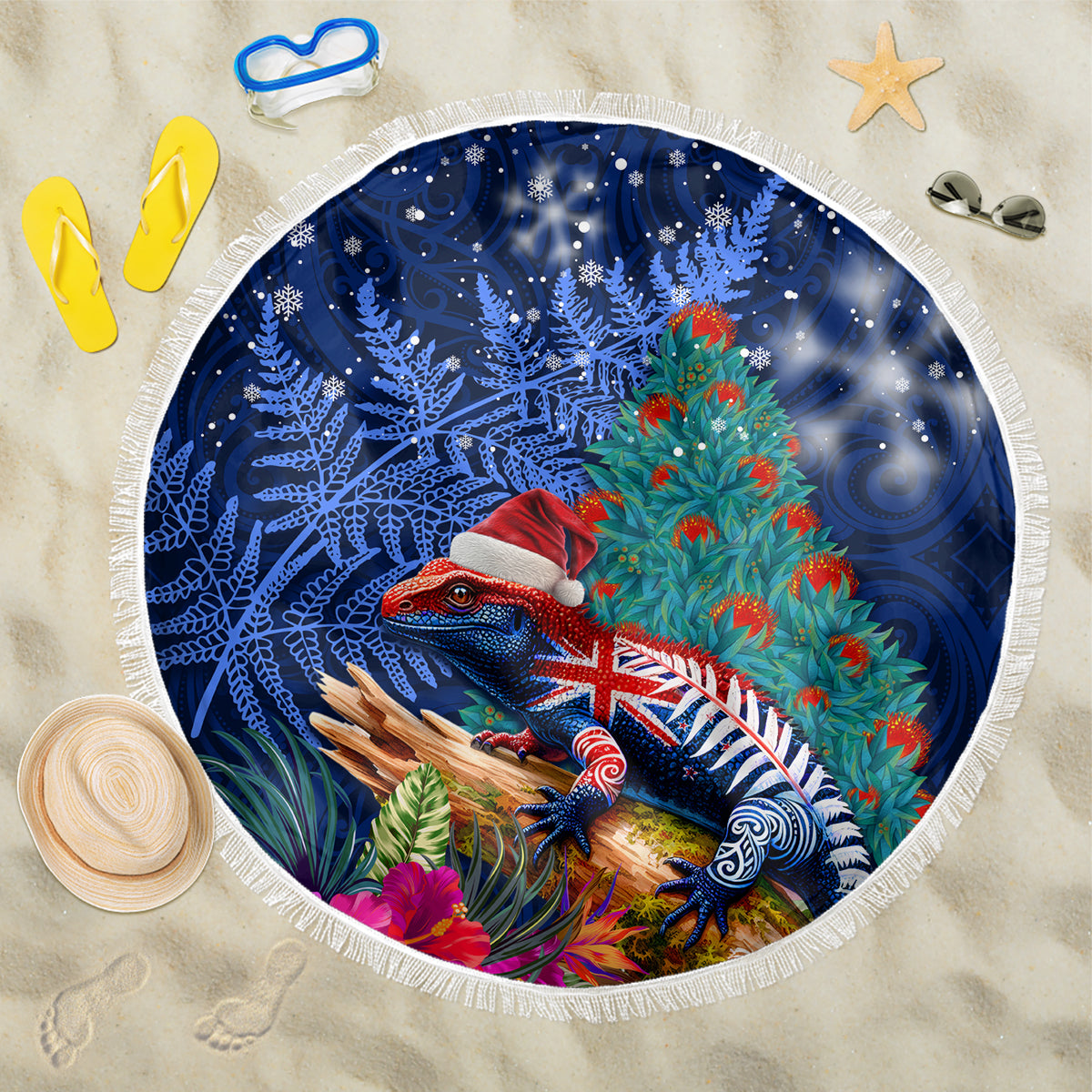 New Zealand Tuatara Christmas Beach Blanket Silver Fern and Xmas Pohutukawa Tree Blue Color LT03 One Size 150cm Blue - Polynesian Pride