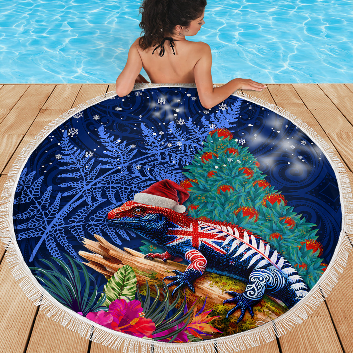 New Zealand Tuatara Christmas Beach Blanket Silver Fern and Xmas Pohutukawa Tree Blue Color LT03 - Polynesian Pride