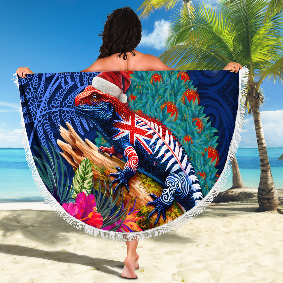 New Zealand Tuatara Christmas Beach Blanket Silver Fern and Xmas Pohutukawa Tree Blue Color LT03 - Polynesian Pride