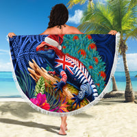 New Zealand Tuatara Christmas Beach Blanket Silver Fern and Xmas Pohutukawa Tree Blue Color LT03 - Polynesian Pride