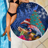 New Zealand Tuatara Christmas Beach Blanket Silver Fern and Xmas Pohutukawa Tree Blue Color LT03 - Polynesian Pride