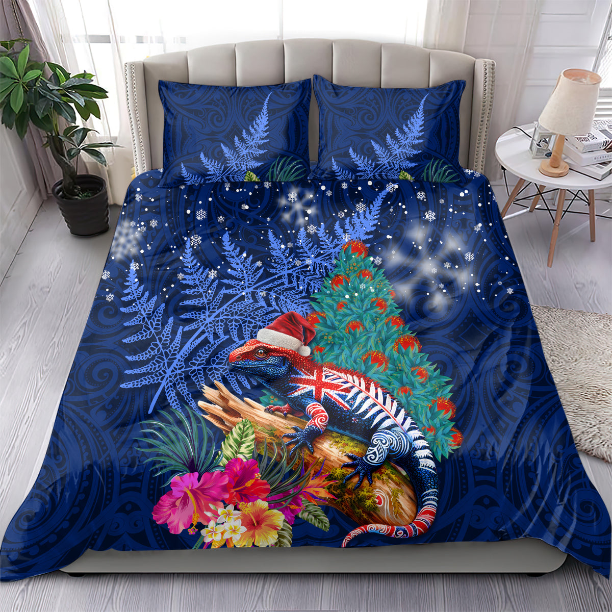 New Zealand Tuatara Christmas Bedding Set Silver Fern and Xmas Pohutukawa Tree Blue Color LT03 - Polynesian Pride