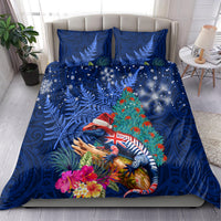 New Zealand Tuatara Christmas Bedding Set Silver Fern and Xmas Pohutukawa Tree Blue Color LT03 - Polynesian Pride