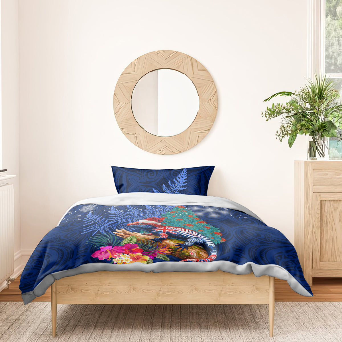 New Zealand Tuatara Christmas Bedding Set Silver Fern and Xmas Pohutukawa Tree Blue Color LT03 - Polynesian Pride