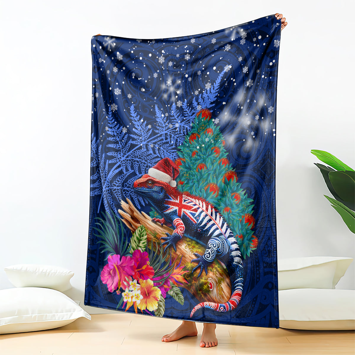 New Zealand Tuatara Christmas Blanket Silver Fern and Xmas Pohutukawa Tree Blue Color LT03 - Polynesian Pride