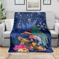 New Zealand Tuatara Christmas Blanket Silver Fern and Xmas Pohutukawa Tree Blue Color LT03 - Polynesian Pride