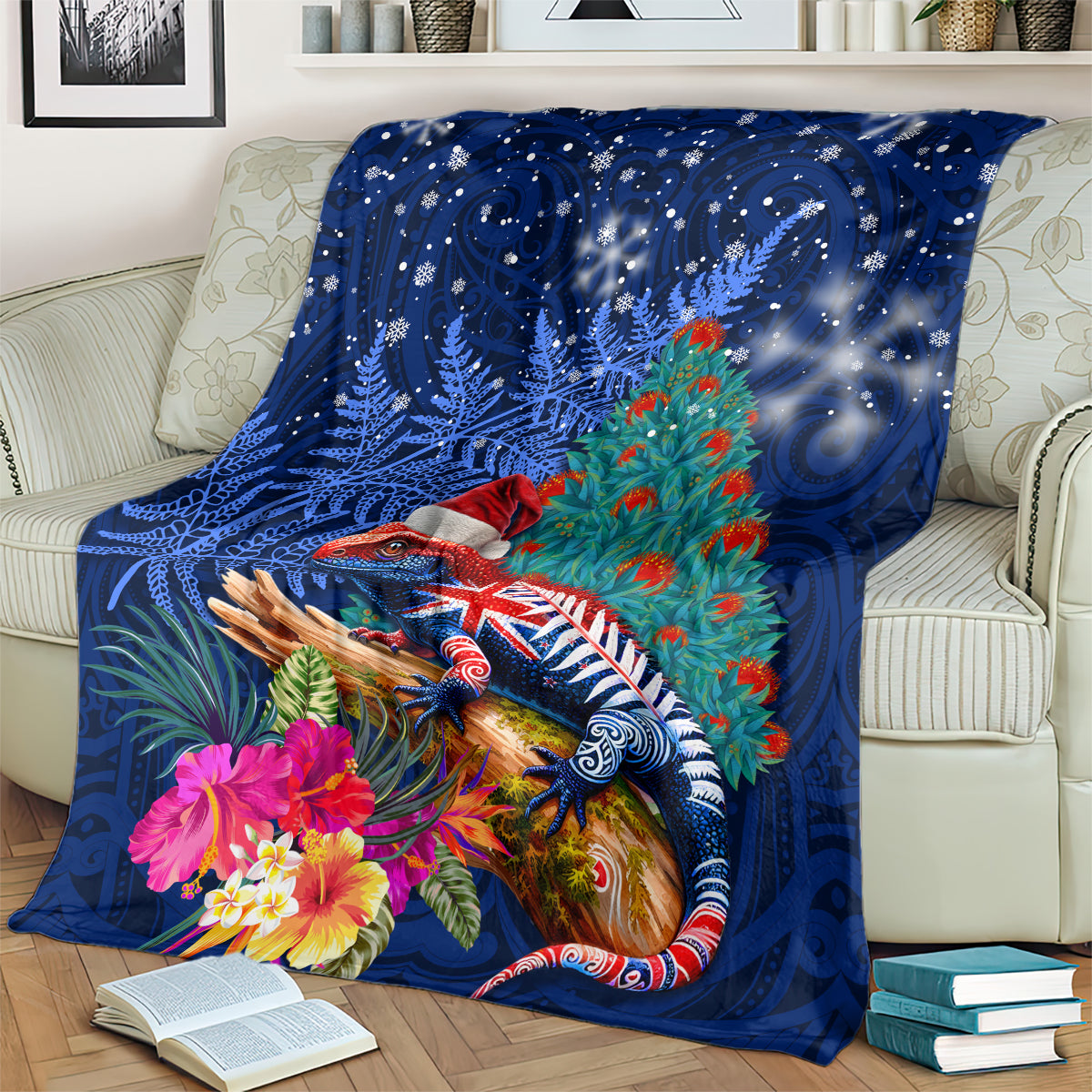 New Zealand Tuatara Christmas Blanket Silver Fern and Xmas Pohutukawa Tree Blue Color LT03 - Polynesian Pride