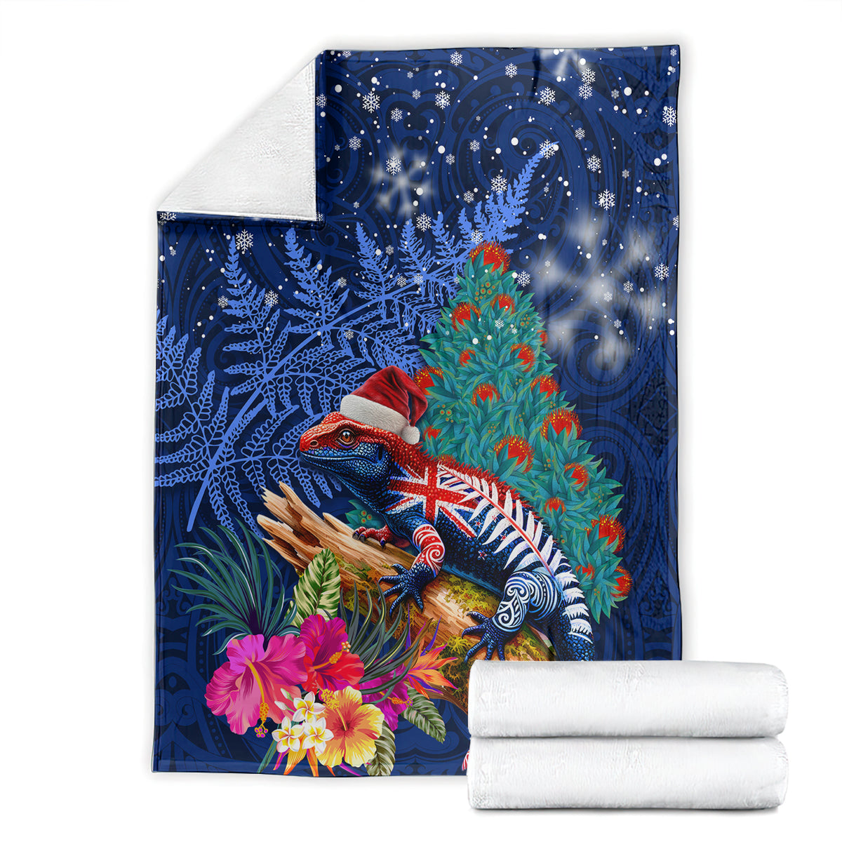 New Zealand Tuatara Christmas Blanket Silver Fern and Xmas Pohutukawa Tree Blue Color LT03 - Polynesian Pride