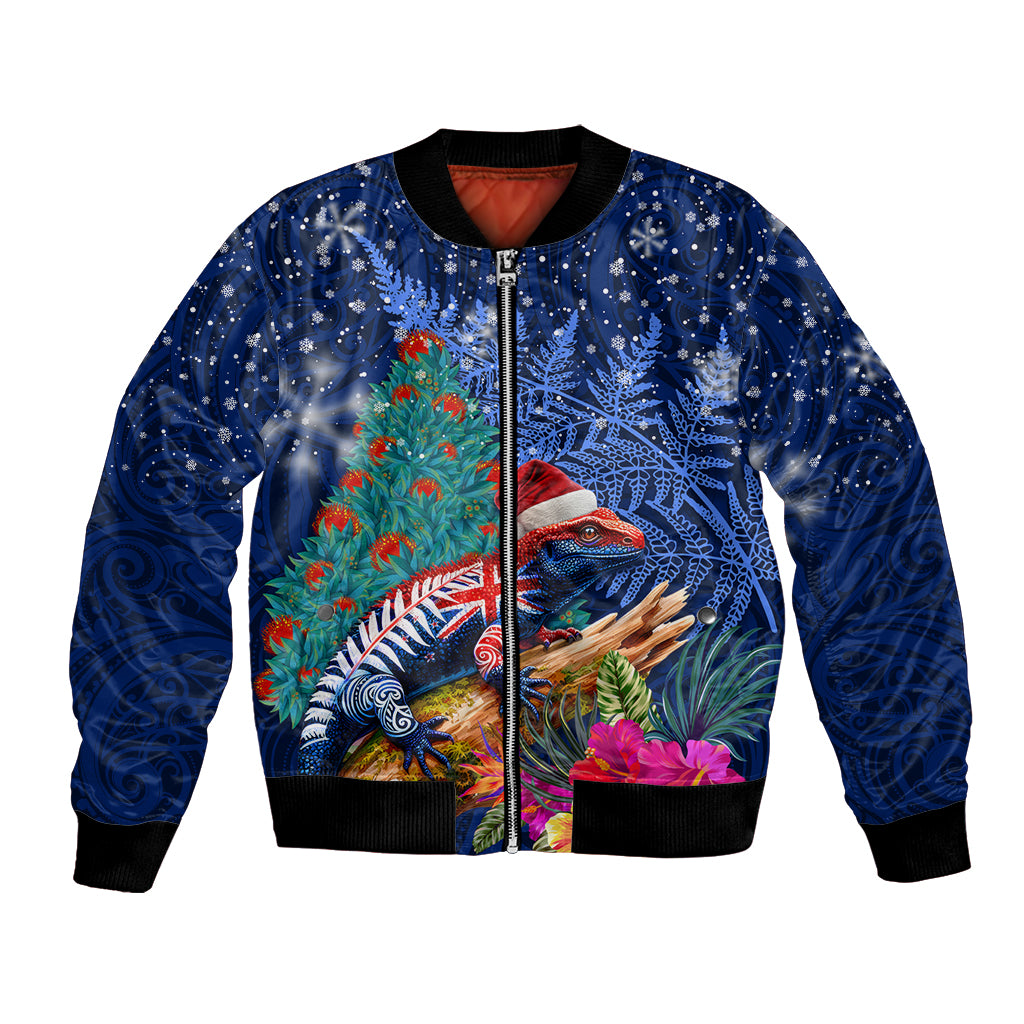 New Zealand Tuatara Christmas Bomber Jacket Silver Fern and Xmas Pohutukawa Tree Blue Color LT03 Unisex Blue - Polynesian Pride