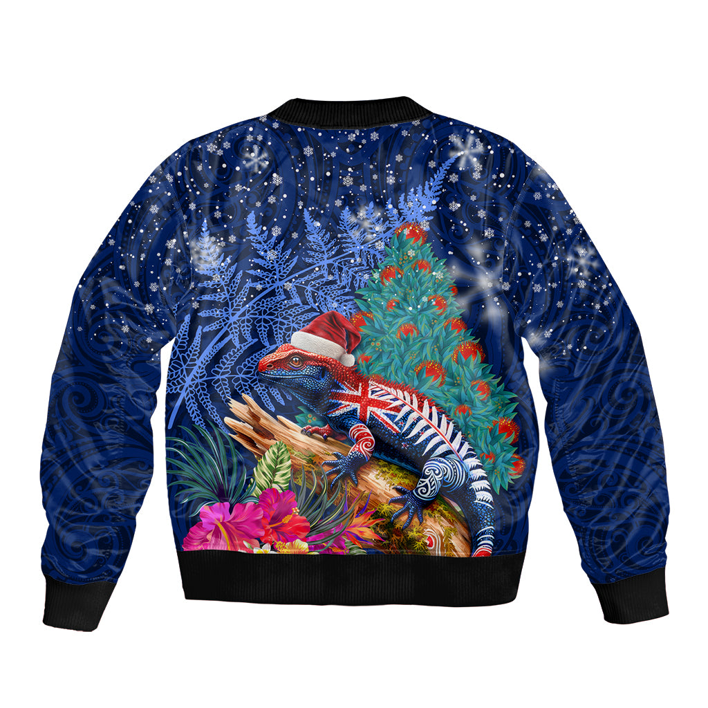 New Zealand Tuatara Christmas Bomber Jacket Silver Fern and Xmas Pohutukawa Tree Blue Color LT03 - Polynesian Pride