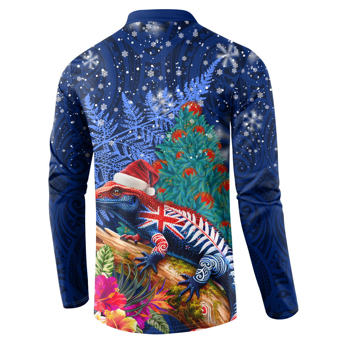 New Zealand Tuatara Christmas Button Sweatshirt Silver Fern and Xmas Pohutukawa Tree Blue Color LT03 - Polynesian Pride