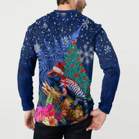 New Zealand Tuatara Christmas Button Sweatshirt Silver Fern and Xmas Pohutukawa Tree Blue Color LT03 - Polynesian Pride