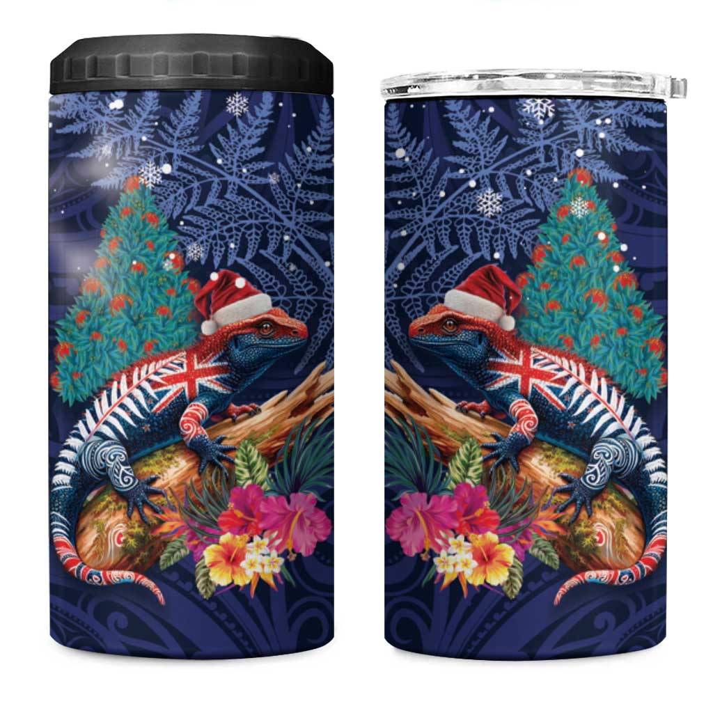 New Zealand Tuatara Christmas 4 in 1 Can Cooler Tumbler Silver Fern and Xmas Pohutukawa Tree Blue Color LT03 One Size: 16 oz Blue - Polynesian Pride