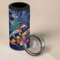 New Zealand Tuatara Christmas 4 in 1 Can Cooler Tumbler Silver Fern and Xmas Pohutukawa Tree Blue Color LT03 - Polynesian Pride