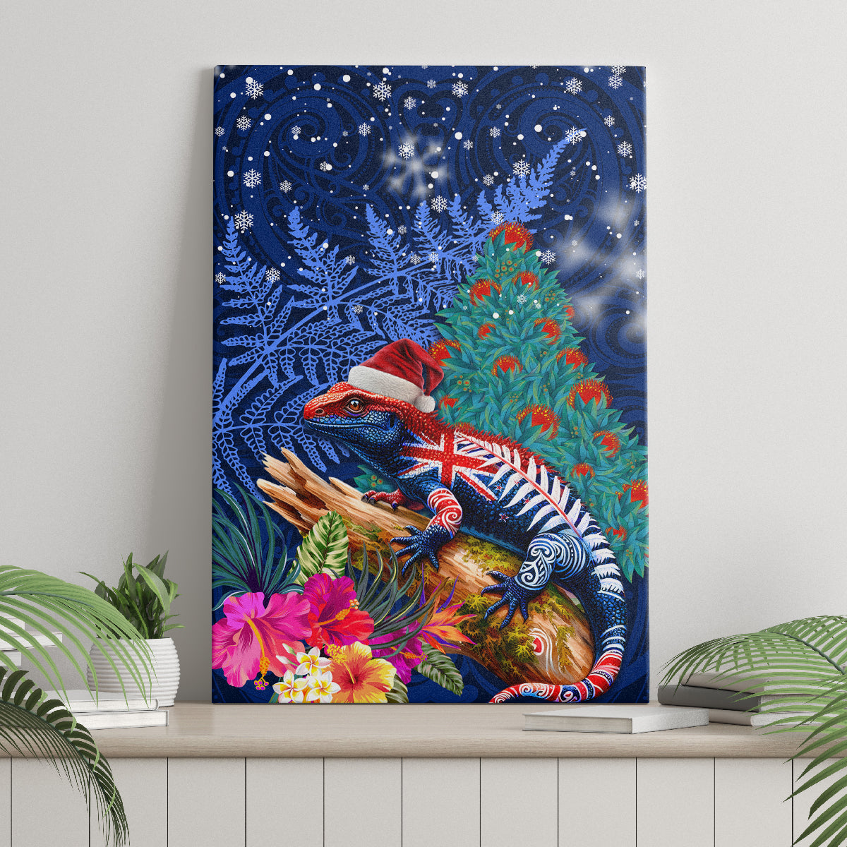 New Zealand Tuatara Christmas Canvas Wall Art Silver Fern and Xmas Pohutukawa Tree Blue Color LT03 - Polynesian Pride