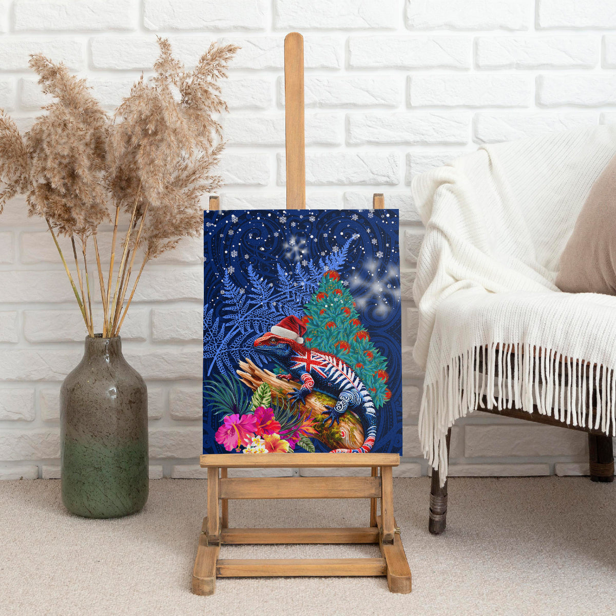 New Zealand Tuatara Christmas Canvas Wall Art Silver Fern and Xmas Pohutukawa Tree Blue Color LT03 - Polynesian Pride