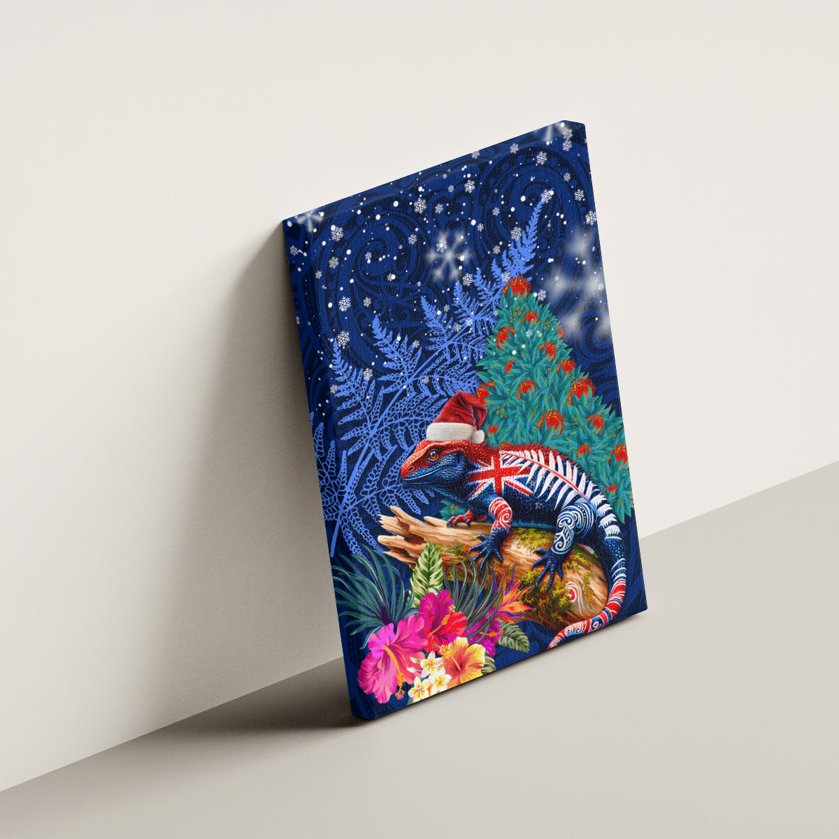New Zealand Tuatara Christmas Canvas Wall Art Silver Fern and Xmas Pohutukawa Tree Blue Color LT03 - Polynesian Pride