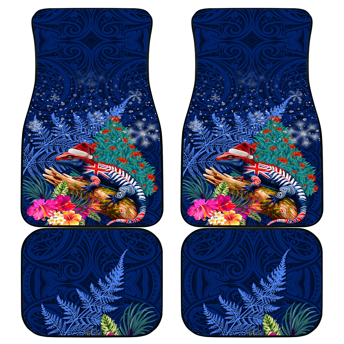 New Zealand Tuatara Christmas Car Mats Silver Fern and Xmas Pohutukawa Tree Blue Color LT03 - Polynesian Pride