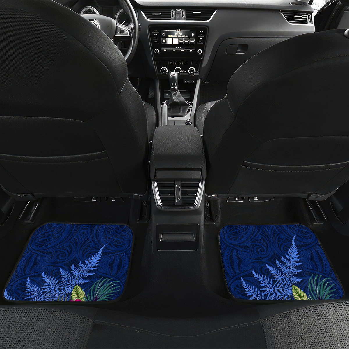 New Zealand Tuatara Christmas Car Mats Silver Fern and Xmas Pohutukawa Tree Blue Color LT03 Set 2pcs - Back Blue - Polynesian Pride
