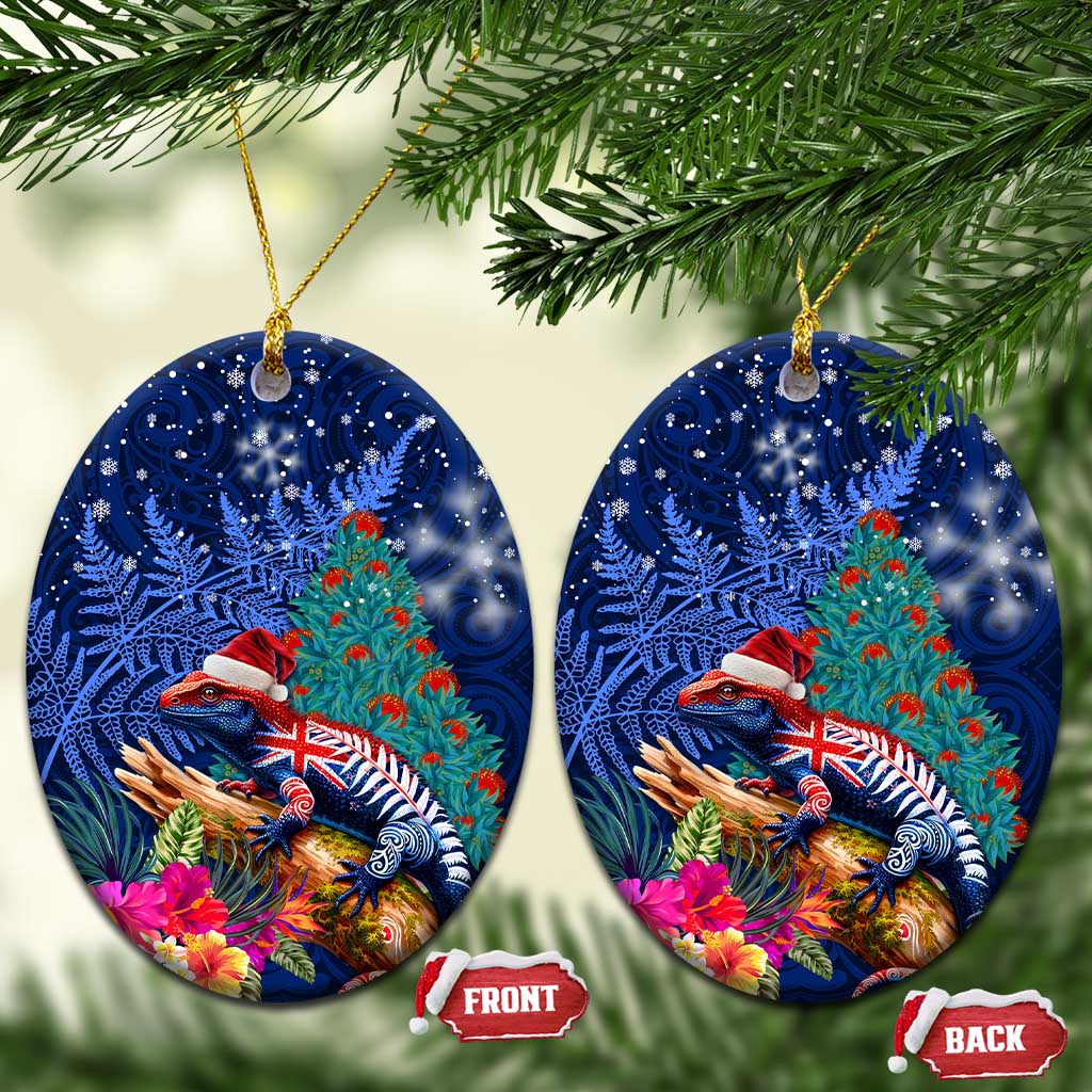New Zealand Tuatara Christmas Ceramic Ornament Silver Fern and Xmas Pohutukawa Tree Blue Color LT03 Oval Blue - Polynesian Pride