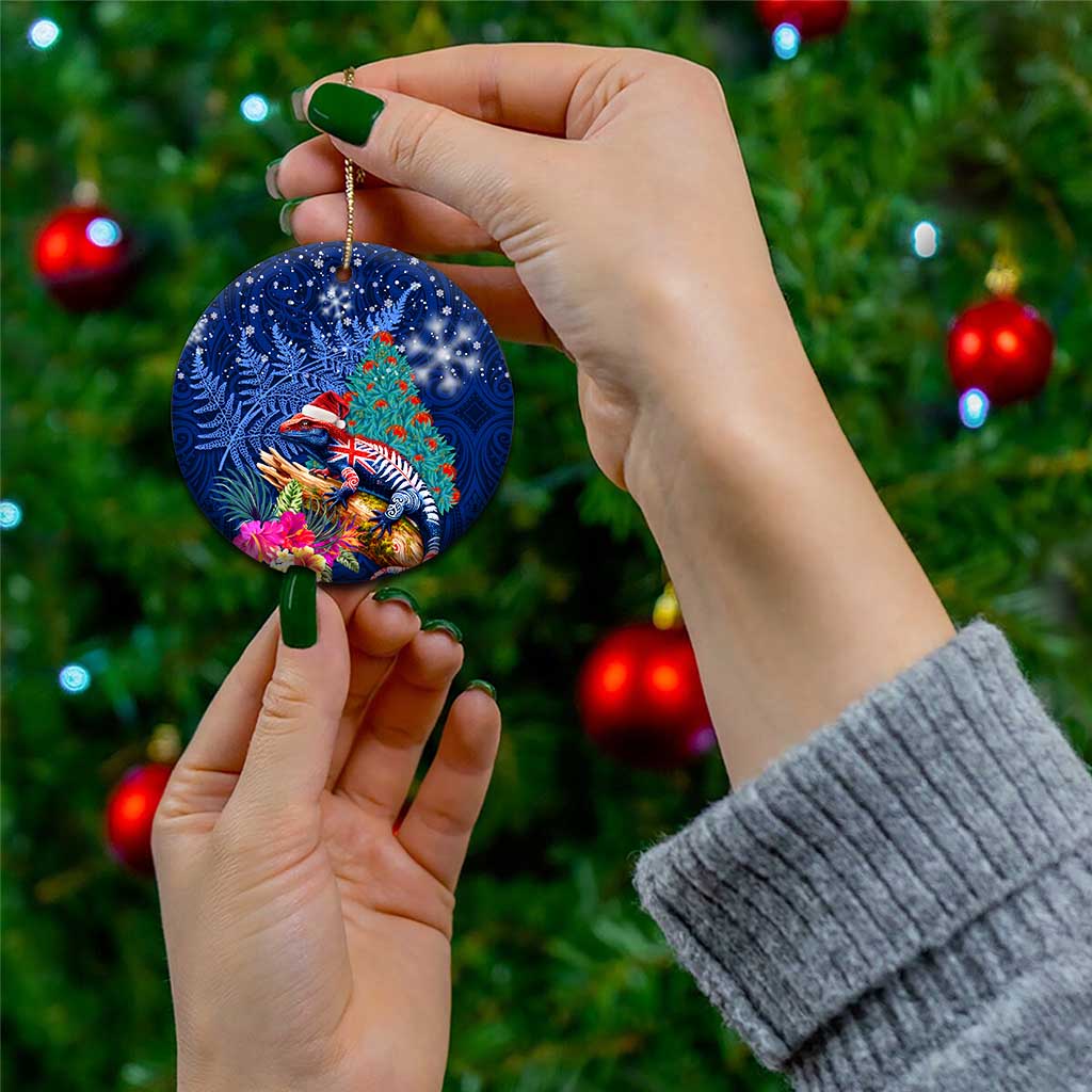 New Zealand Tuatara Christmas Ceramic Ornament Silver Fern and Xmas Pohutukawa Tree Blue Color LT03 - Polynesian Pride