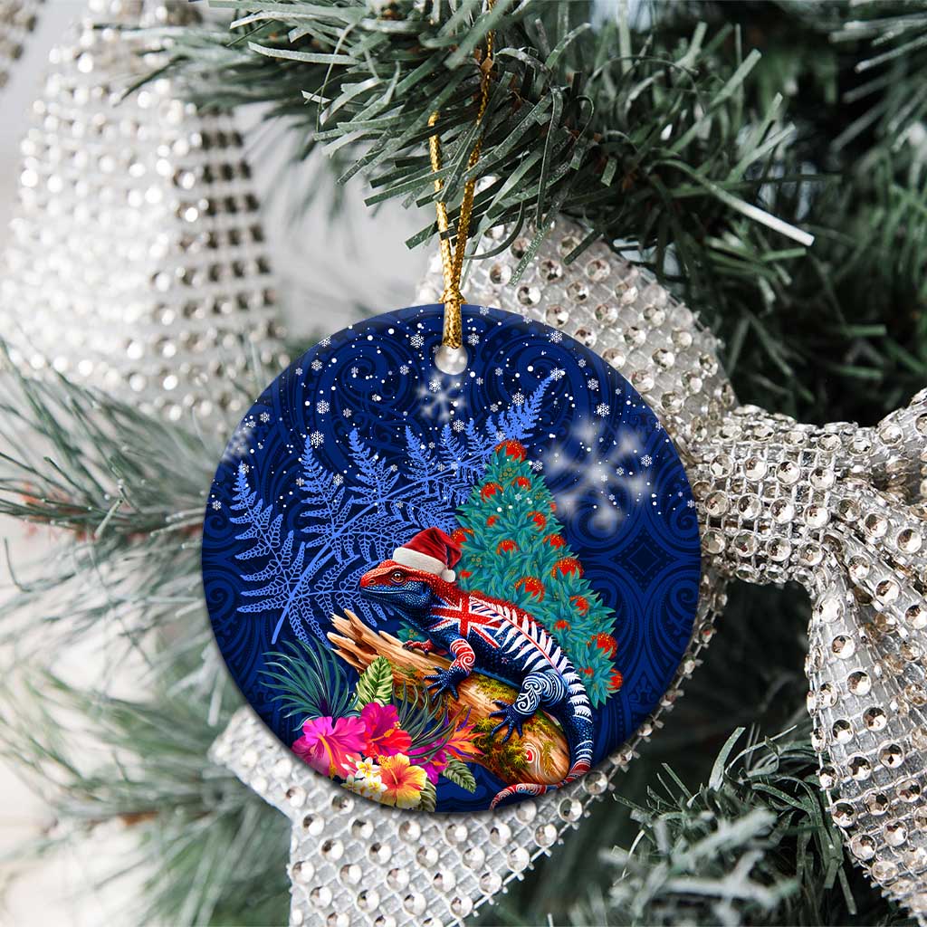 New Zealand Tuatara Christmas Ceramic Ornament Silver Fern and Xmas Pohutukawa Tree Blue Color LT03 - Polynesian Pride