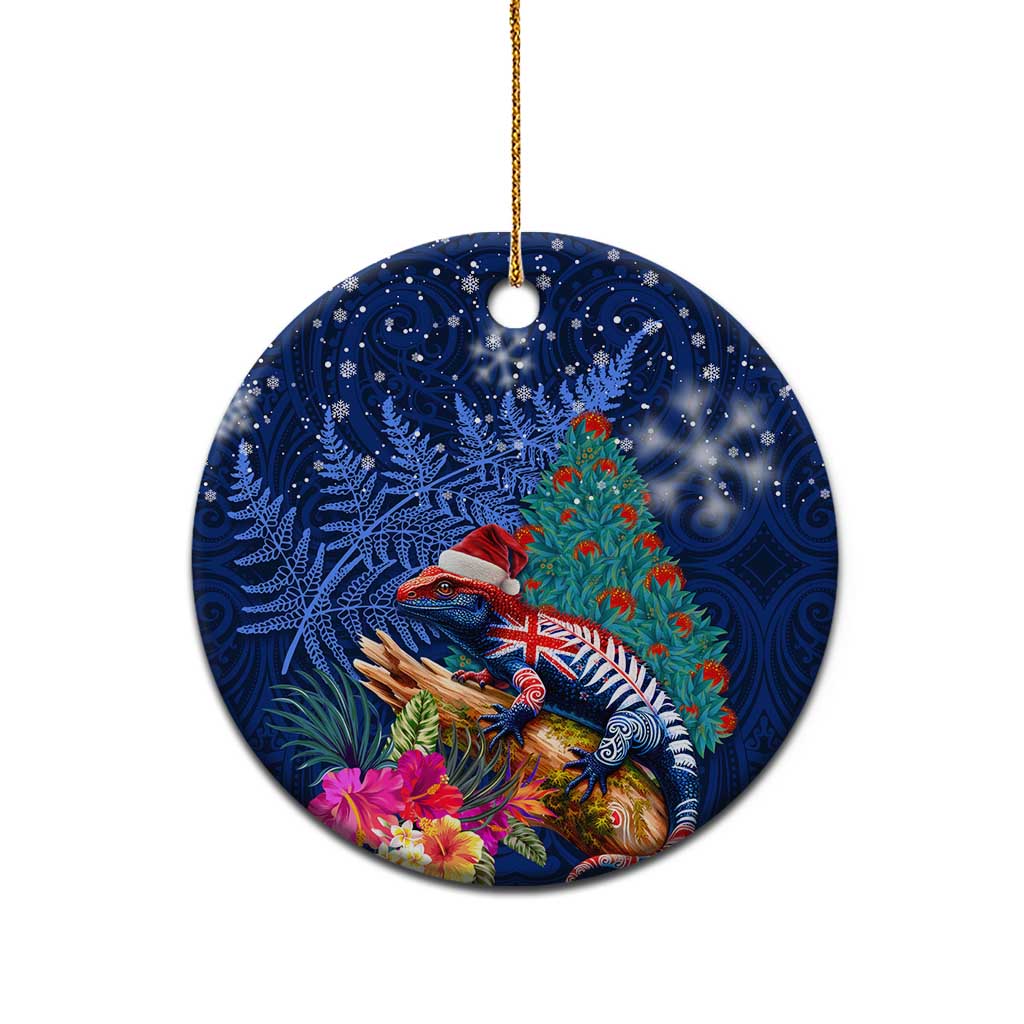 New Zealand Tuatara Christmas Ceramic Ornament Silver Fern and Xmas Pohutukawa Tree Blue Color LT03 - Polynesian Pride