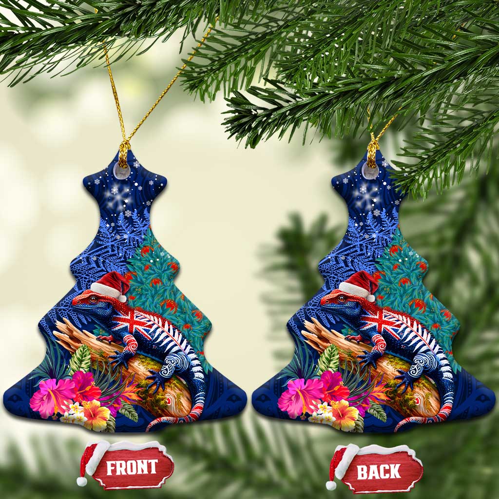 New Zealand Tuatara Christmas Ceramic Ornament Silver Fern and Xmas Pohutukawa Tree Blue Color LT03 Christmas Tree Blue - Polynesian Pride