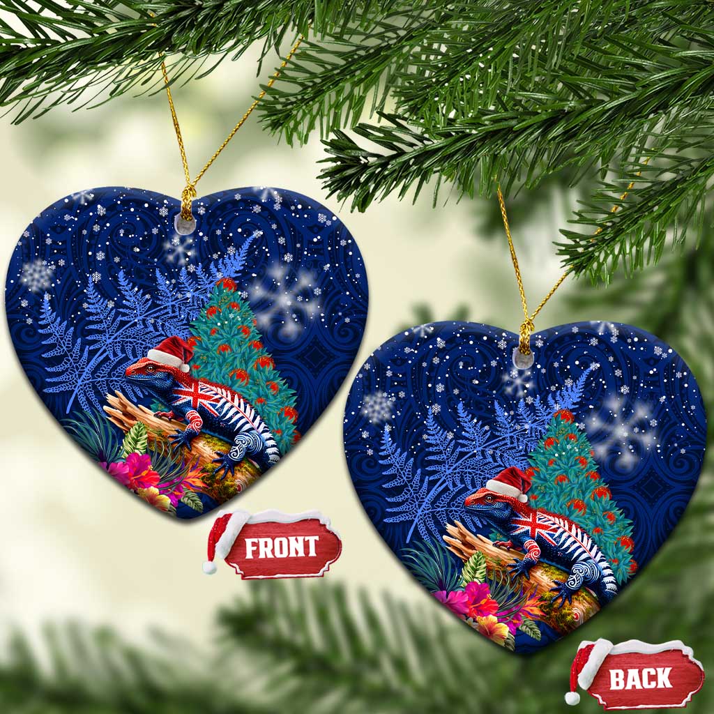 New Zealand Tuatara Christmas Ceramic Ornament Silver Fern and Xmas Pohutukawa Tree Blue Color LT03 Heart Blue - Polynesian Pride