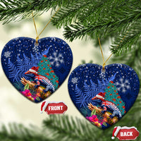 New Zealand Tuatara Christmas Ceramic Ornament Silver Fern and Xmas Pohutukawa Tree Blue Color LT03 Heart Blue - Polynesian Pride