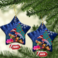 New Zealand Tuatara Christmas Ceramic Ornament Silver Fern and Xmas Pohutukawa Tree Blue Color LT03 Star Blue - Polynesian Pride