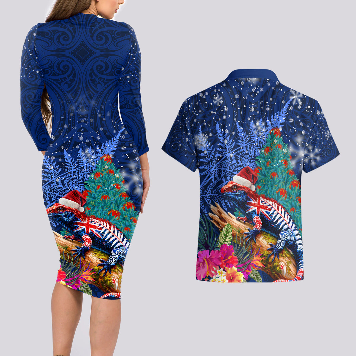 New Zealand Tuatara Christmas Couples Matching Long Sleeve Bodycon Dress and Hawaiian Shirt Silver Fern and Xmas Pohutukawa Tree Blue Color LT03 - Polynesian Pride