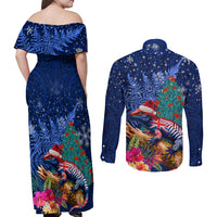 New Zealand Tuatara Christmas Couples Matching Off Shoulder Maxi Dress and Long Sleeve Button Shirt Silver Fern and Xmas Pohutukawa Tree Blue Color LT03 - Polynesian Pride