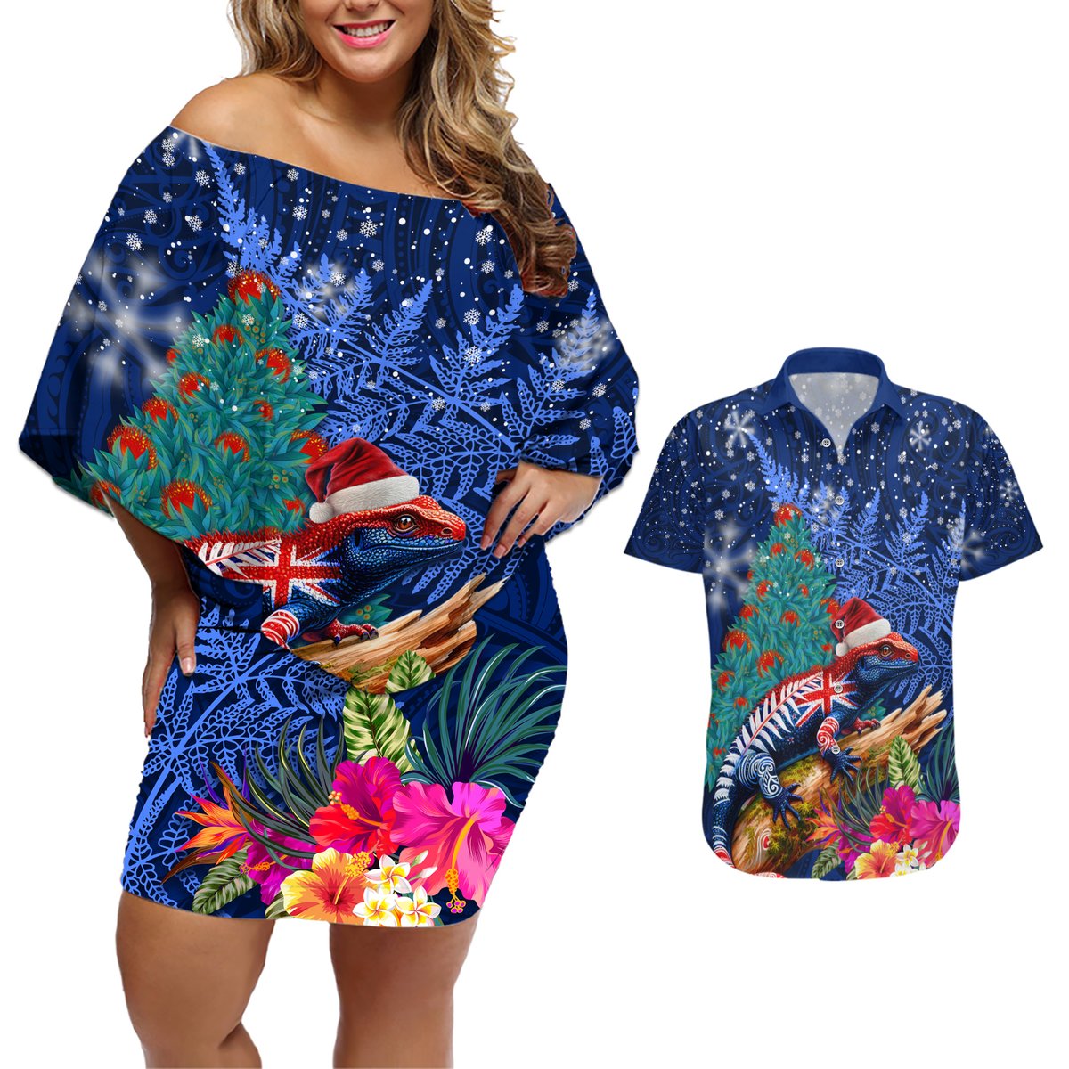 New Zealand Tuatara Christmas Couples Matching Off Shoulder Short Dress and Hawaiian Shirt Silver Fern and Xmas Pohutukawa Tree Blue Color LT03 Blue - Polynesian Pride
