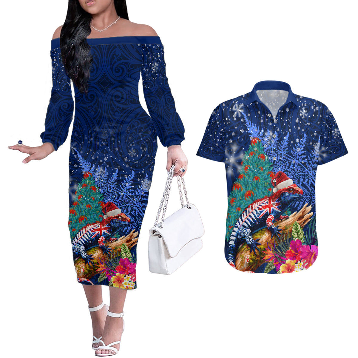 New Zealand Tuatara Christmas Couples Matching Off The Shoulder Long Sleeve Dress and Hawaiian Shirt Silver Fern and Xmas Pohutukawa Tree Blue Color LT03 Blue - Polynesian Pride