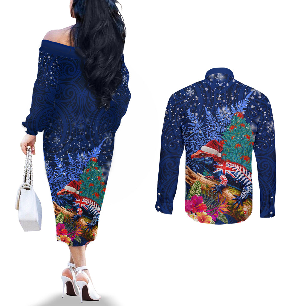 New Zealand Tuatara Christmas Couples Matching Off The Shoulder Long Sleeve Dress and Long Sleeve Button Shirt Silver Fern and Xmas Pohutukawa Tree Blue Color LT03 - Polynesian Pride