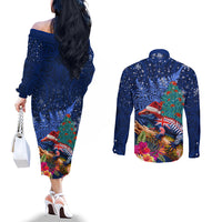 New Zealand Tuatara Christmas Couples Matching Off The Shoulder Long Sleeve Dress and Long Sleeve Button Shirt Silver Fern and Xmas Pohutukawa Tree Blue Color LT03 - Polynesian Pride