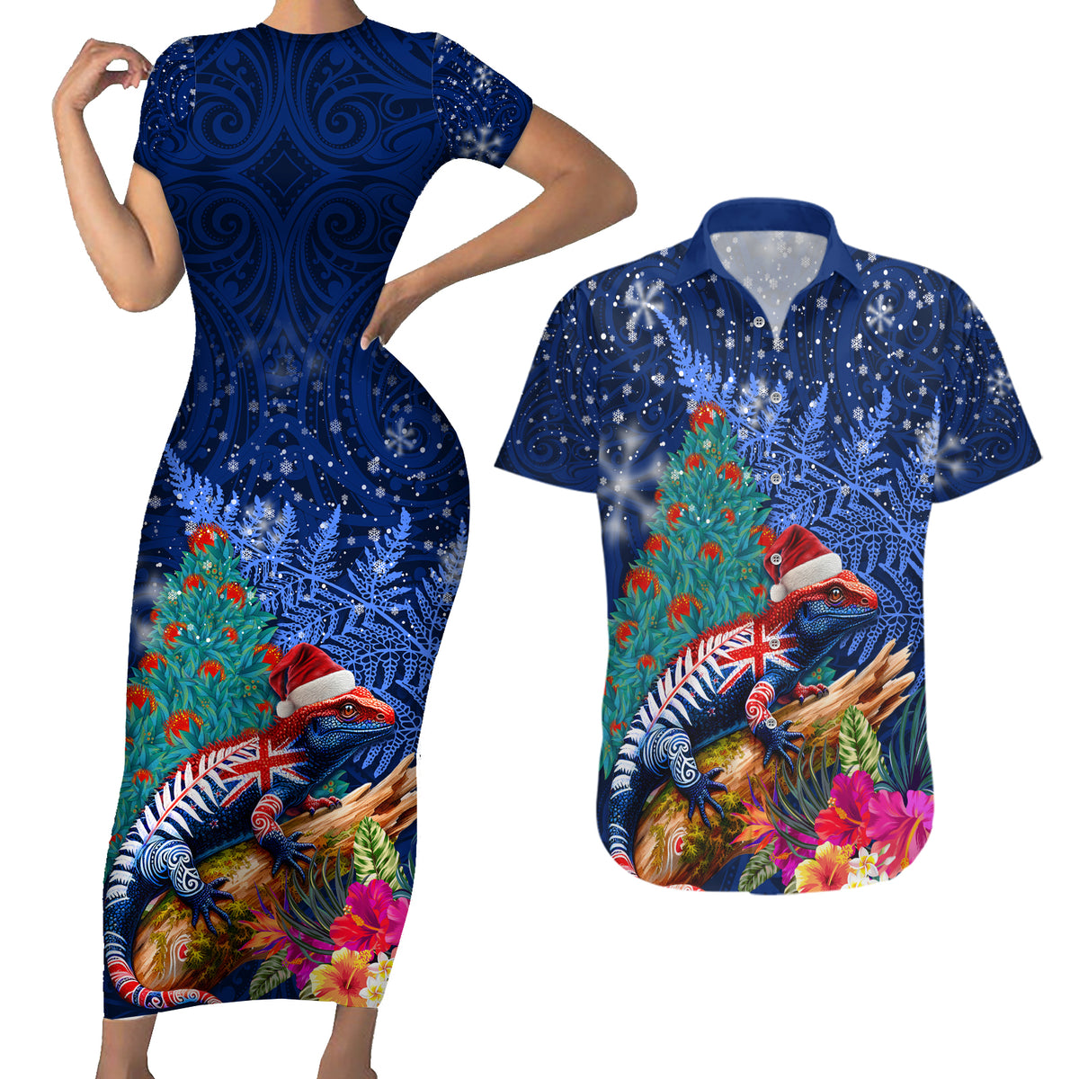 New Zealand Tuatara Christmas Couples Matching Short Sleeve Bodycon Dress and Hawaiian Shirt Silver Fern and Xmas Pohutukawa Tree Blue Color LT03 Blue - Polynesian Pride