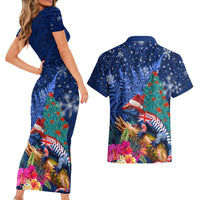 New Zealand Tuatara Christmas Couples Matching Short Sleeve Bodycon Dress and Hawaiian Shirt Silver Fern and Xmas Pohutukawa Tree Blue Color LT03 - Polynesian Pride
