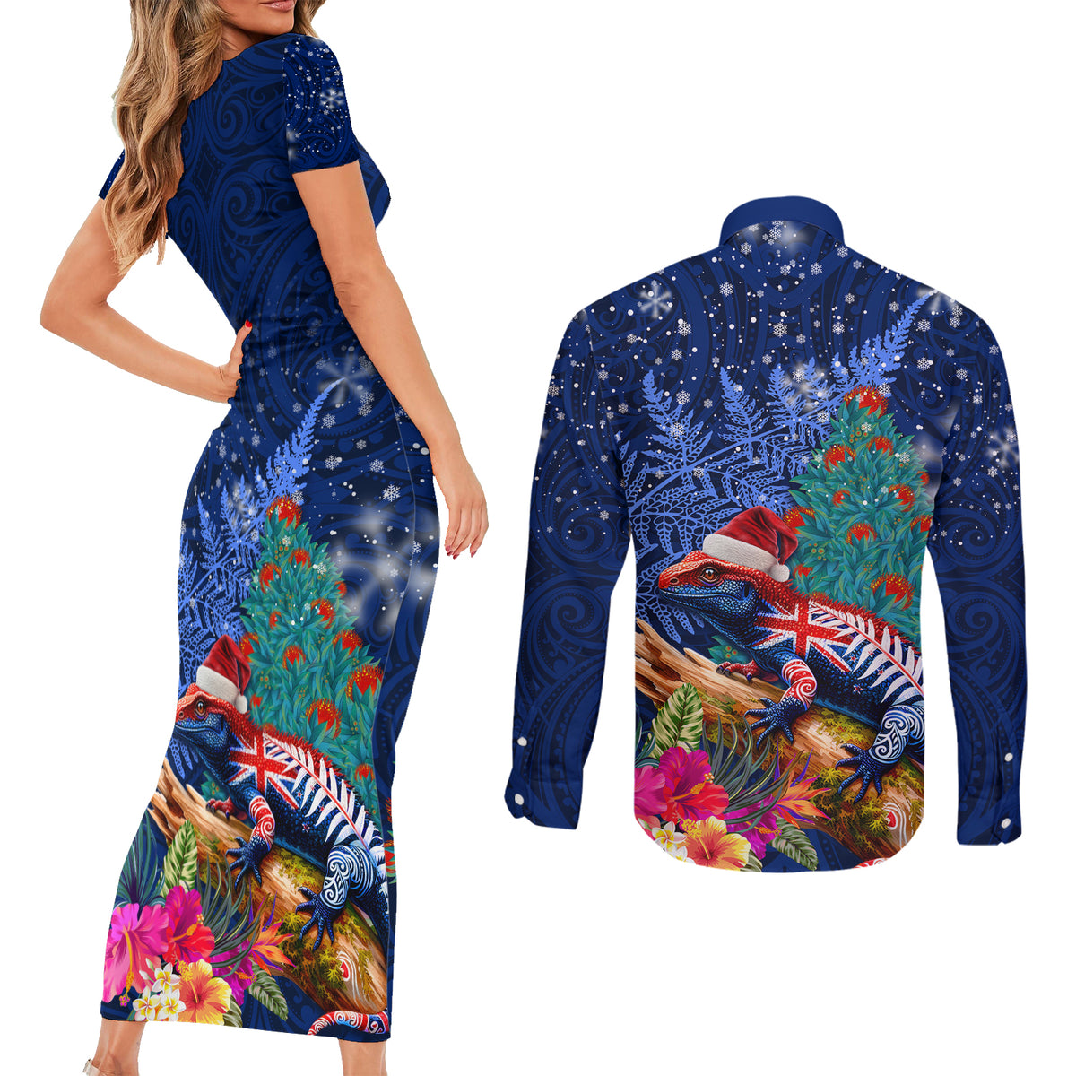 New Zealand Tuatara Christmas Couples Matching Short Sleeve Bodycon Dress and Long Sleeve Button Shirt Silver Fern and Xmas Pohutukawa Tree Blue Color LT03 - Polynesian Pride
