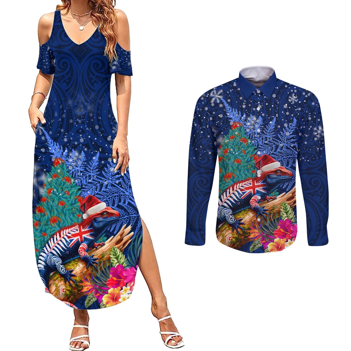 New Zealand Tuatara Christmas Couples Matching Summer Maxi Dress and Long Sleeve Button Shirt Silver Fern and Xmas Pohutukawa Tree Blue Color