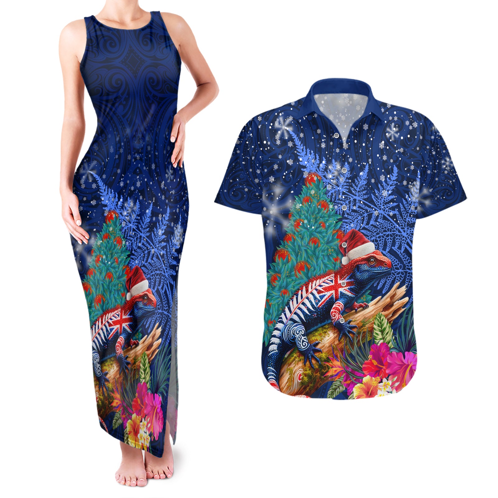 New Zealand Tuatara Christmas Couples Matching Tank Maxi Dress and Hawaiian Shirt Silver Fern and Xmas Pohutukawa Tree Blue Color