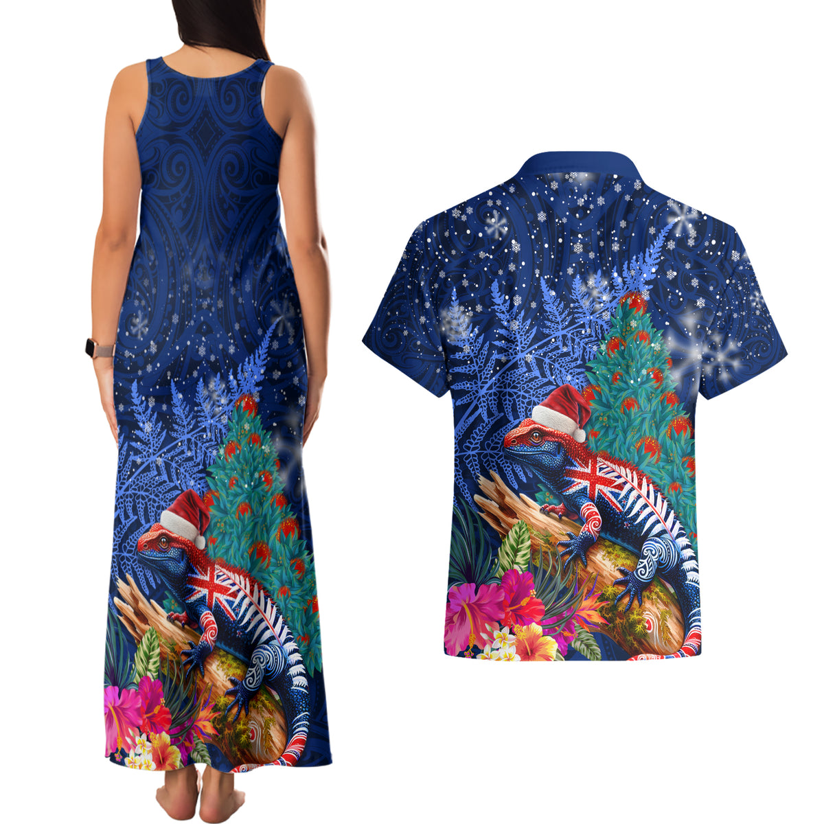 New Zealand Tuatara Christmas Couples Matching Tank Maxi Dress and Hawaiian Shirt Silver Fern and Xmas Pohutukawa Tree Blue Color LT03 - Polynesian Pride