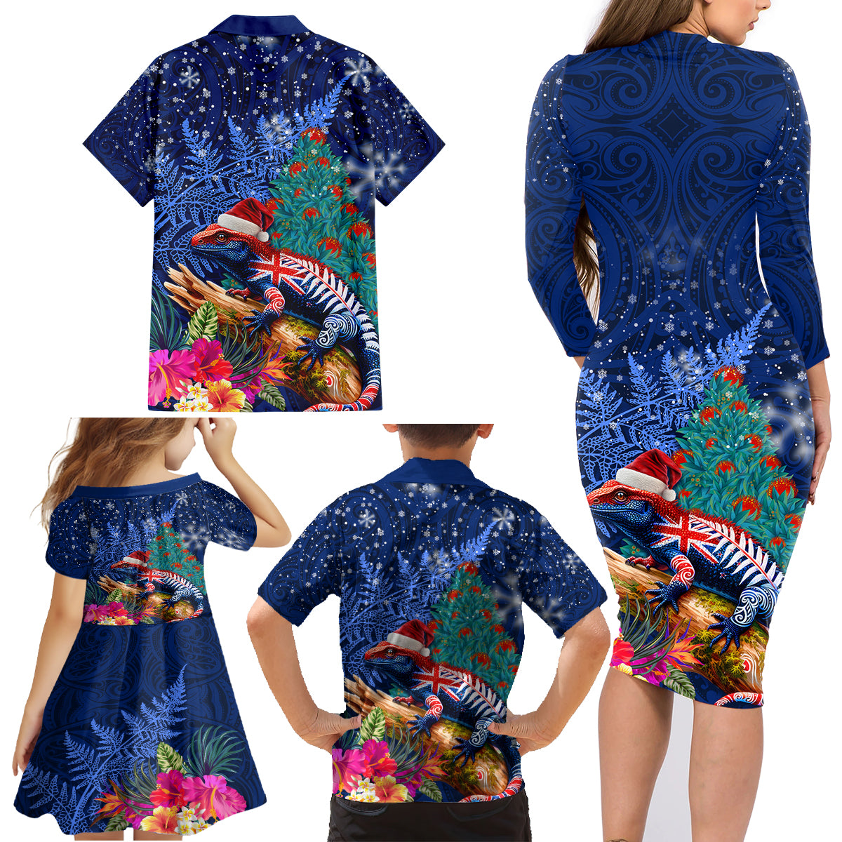 New Zealand Tuatara Christmas Family Matching Long Sleeve Bodycon Dress and Hawaiian Shirt Silver Fern and Xmas Pohutukawa Tree Blue Color LT03 - Polynesian Pride