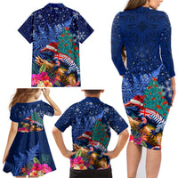 New Zealand Tuatara Christmas Family Matching Long Sleeve Bodycon Dress and Hawaiian Shirt Silver Fern and Xmas Pohutukawa Tree Blue Color LT03 - Polynesian Pride