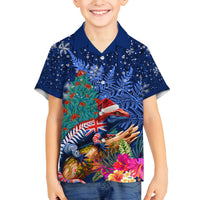 New Zealand Tuatara Christmas Family Matching Long Sleeve Bodycon Dress and Hawaiian Shirt Silver Fern and Xmas Pohutukawa Tree Blue Color LT03 Son's Shirt Blue - Polynesian Pride