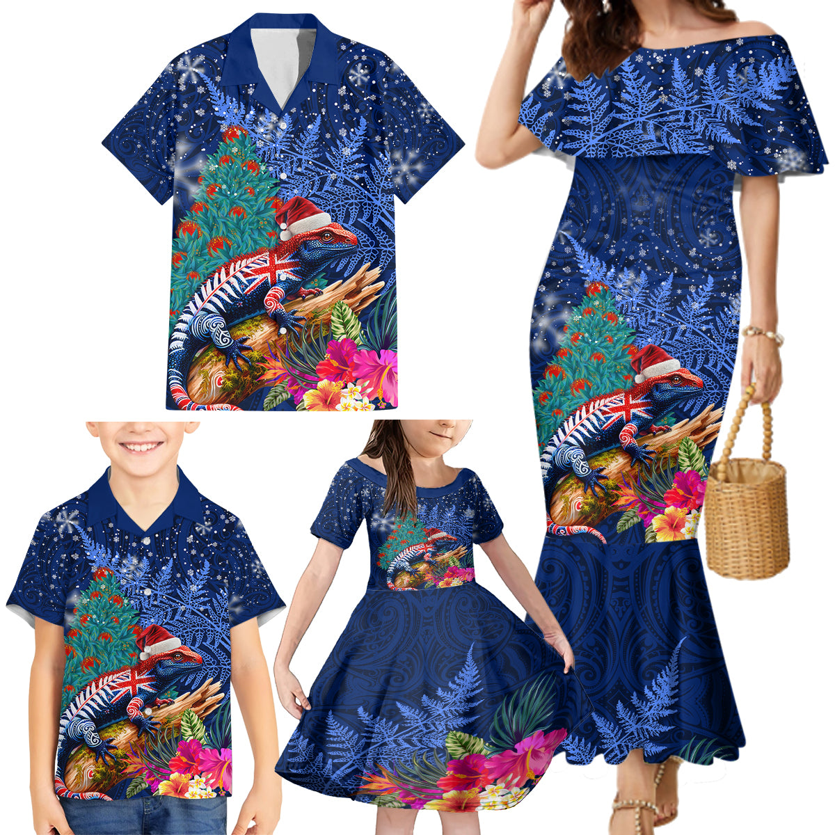 New Zealand Tuatara Christmas Family Matching Mermaid Dress and Hawaiian Shirt Silver Fern and Xmas Pohutukawa Tree Blue Color LT03 - Polynesian Pride