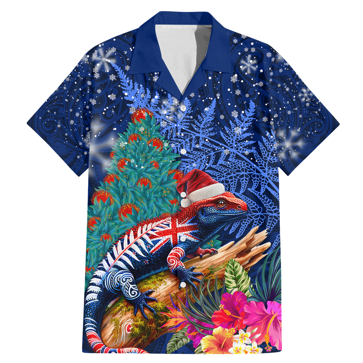 New Zealand Tuatara Christmas Family Matching Mermaid Dress and Hawaiian Shirt Silver Fern and Xmas Pohutukawa Tree Blue Color LT03 Dad's Shirt - Short Sleeve Blue - Polynesian Pride